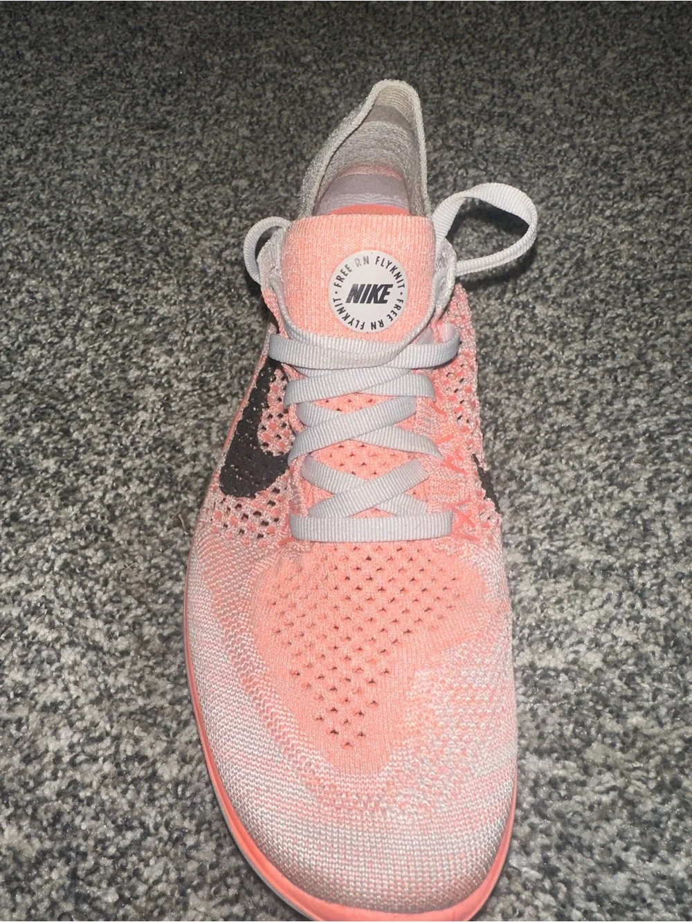 Nike Coral and Light Gray Flyknit Running Shoes with Black Swoosh